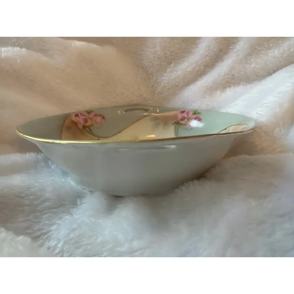 Vintage Royal Rudolstadt Prussia Pink Roses Handled Nut Candy Bowl Gold Trim 6